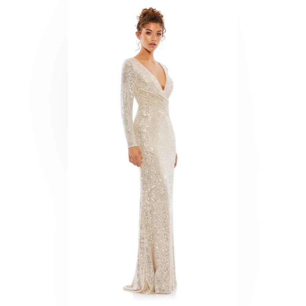 Sequined Long Sleeve V-Neck Evening Dress - Champagne - Picture 2 of 13